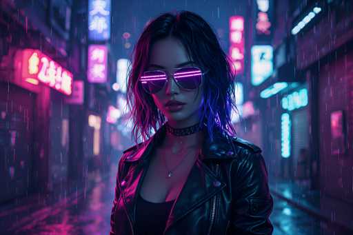 In this highly detailed, computer-generated image, a young woman stands in the middle of a neon-lit city street at night, exuding a futuristic and cyberpunk vibe. She has shoulder-length black hair with subtle blue highlights and wears large, reflective sunglasses that cast a purple glow across her face. Her outfit consists of a black leather jacket over a black tank top, complemented by a choker necklace and a couple of other necklaces. The street around her is illuminated by vibrant neon signs in shades of pink, purple, and blue, featuring Asian characters, suggesting an urban setting in Japan or China. The wet pavement beneath her reflects the neon lights, enhancing the moody and atmospheric scene. Rain falls gently, adding to the overall ambiance of this striking, cyberpunk-inspired cityscape.