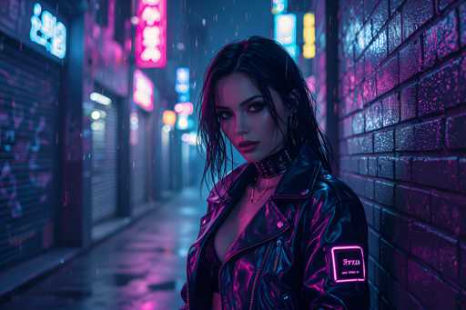 In this captivating image, a young woman stands confidently in the middle of a rain-soaked alleyway, her presence commanding attention. She is dressed in a striking black leather jacket, adorned with a neon pink patch on her left arm, which features Asian characters. Around her neck, she wears a black leather choker with spikes, complemented by a delicate gold necklace. Her outfit is completed with a black bra, adding to her edgy aesthetic.

Her long, dark hair cascades down, with strands falling over her face, accentuating her bold makeup. Her eyes are a mesmerizing shade of green, and her lips are painted a vivid red, drawing immediate focus. She gazes directly at the camera, exuding strength and self-assurance.

The alleyway around her is lined with closed storefronts, their windows dark and reflective. Neon signs in various colors—pink, blue, and yellow— dot the scene, casting a surreal glow on the wet ground and brick walls. The signs, written in Asian characters, add an enigmatic touch to the urban landscape. The overall atmosphere is one of quiet intensity and urban beauty, perfectly captured in this moment.
