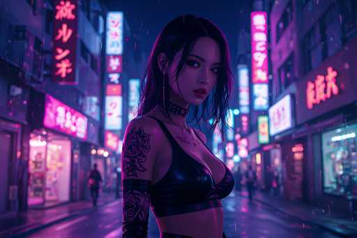 In this captivating image, a young Asian woman stands confidently in the middle of a bustling city street at night. She is dressed in a striking black leather bra that accentuates her figure, paired with a matching black leather glove on her right arm. Her long, dark hair cascades down her back, and she accessorizes with a black leather choker adorned with spikes. A distinctive rose tattoo graces her right shoulder, while her right arm features a sleeve of intricate roses and leaves. Around her neck, she wears a necklace with a small pendant. The woman gazes directly at the camera with a serious expression, her lips slightly parted.

The background is a vibrant tapestry of neon signs and billboards, all displaying text in an Asian language, likely Japanese or Chinese. The signs cast a mix of pink, blue, and white hues across the scene, creating a dynamic and colorful atmosphere. The street is lined with various shops, their windows reflecting the neon lights. A few pedestrians can be seen in the distance, adding to the lively urban ambiance. The overall composition blends the woman's edgy, tattooed appearance with the neon-lit cityscape, creating a visually striking and atmospheric image.