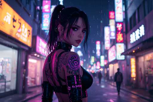 In this captivating image, a young woman stands confidently in the middle of a bustling city street, her back to the camera but her head turned to gaze directly at the viewer. She has long black hair tied back in a ponytail, with loose strands framing her face. Her striking makeup includes bold red lipstick and dramatic black eyeliner, accentuated by a distinctive teardrop tattoo on her right cheek. She is dressed in a black leather outfit, featuring a halter top with straps over her shoulders and a high collar that extends up to her neck. Her arms are adorned with black leather armbands, and her shoulders and upper back are covered in intricate black tattoos. The scene is set at night, with the street illuminated by vibrant neon signs in shades of pink, purple, and yellow, written in an Asian script. The wet pavement reflects the neon lights, adding a shimmering effect to the atmosphere. In the background, a few pedestrians can be seen walking along the sidewalks, adding to the urban ambiance of the setting.