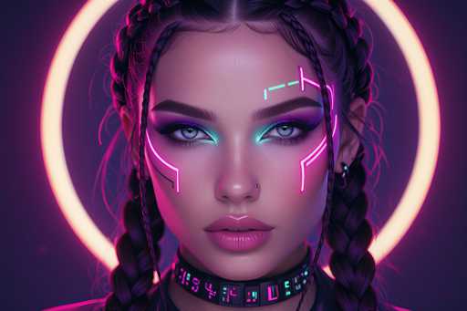 This image is a highly detailed, computer-generated portrait of a young woman with a futuristic, cyberpunk aesthetic. She has long, dark brown hair styled in multiple braids, with two prominent braids framing her face and others pulled back. Her makeup is striking, featuring heavy purple eyeshadow, blue eyeliner, and pink lipstick. Her eyes are a captivating light blue, and she has a nose ring on her left nostril. 

Her face is adorned with neon pink lines forming geometric shapes around her eyes and on her forehead, adding to the futuristic vibe. She wears a choker necklace with a digital display, showing various numbers and symbols in pink and green, enhancing the high-tech feel. The background is a dark purple, almost black, with a glowing yellow ring behind her head, reminiscent of a halo. The overall image has a neon pink hue, giving it a vibrant, cyberpunk atmosphere.