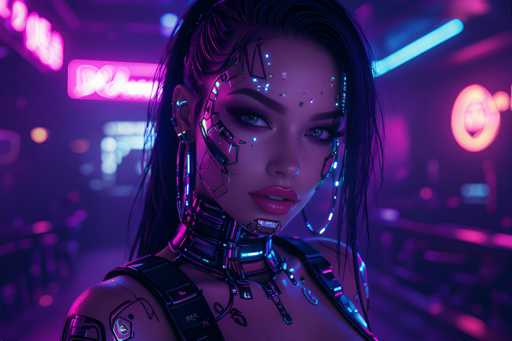 The image portrays a striking, computer-generated depiction of a woman who appears to be a cyborg, seamlessly blending human and robotic features. She has long, dark hair with bangs that partially obscure her face, and her eyes are a captivating green. Her lips are painted a vivid red, adding a touch of humanity to her otherwise mechanical appearance. The cyborg's face is adorned with intricate, metallic structures that extend from her forehead down to her neck, giving her a futuristic, robotic aesthetic. She is dressed in a sleek, black leather outfit that complements her mechanical look. The background is a blur of neon lights in shades of pink, blue, and purple, creating an atmospheric, cyberpunk ambiance. The overall scene is bathed in a purple hue, enhancing the futuristic and otherworldly feel of the image.