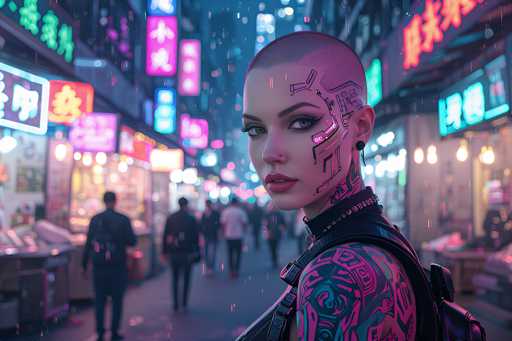 The image depicts a futuristic, cyberpunk-inspired scene set in a bustling Asian city at night. Dominating the foreground is a striking female character with a shaved head, adorned with intricate mechanical implants and tattoos. Her face features a prominent mechanical eye on the left side, and her neck and shoulder are covered in blue and pink tattoos. She wears a black leather choker with metallic accents and a backpack, her lips painted a vivid red. The background is filled with neon signs in various colors—pink, blue, green, and orange—displaying Asian characters, likely Japanese or Chinese. The street is lined with shops and stands, and blurred figures of people walk along the sidewalks, adding to the vibrant, neon-lit atmosphere. The overall scene exudes a strong cyberpunk aesthetic, blending advanced technology with urban grit.