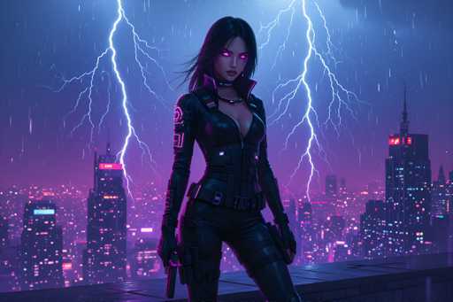 The image depicts a striking female character, possibly from a video game or movie, standing on a rooftop at night. She is dressed in a sleek, tight-fitting black leather outfit that accentuates her figure, complete with long sleeves, gloves, and a belt. Her outfit features glowing pink accents on the shoulders, elbows, and wrists, adding a futuristic touch. She has long, dark hair that flows in the wind, and her eyes are a mesmerizing glowing pink. Around her neck, she wears a choker with a black and silver design. In her right hand, she holds a pistol, while a gun holster is visible on her left leg. The backdrop is a dramatic cityscape illuminated by numerous skyscrapers, their windows glowing in shades of pink, blue, and white. The sky is dark and stormy, punctuated by two large lightning bolts striking behind her, with smaller bolts branching off. The scene is set against a purple and blue sky, with rain falling, enhancing the moody and intense atmosphere.