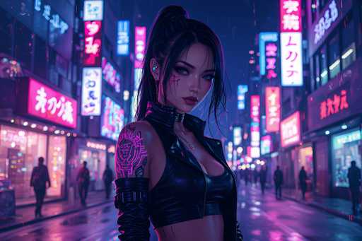 In this highly detailed, computer-generated image, a young Asian woman stands confidently in the middle of a bustling, neon-lit city street at night. She has long black hair styled in a high ponytail with loose strands framing her face, and her makeup is striking, featuring bold red lipstick and dramatic eye makeup. Her attire is a form-fitting, black leather vest that reveals her midriff and complements her sleek, modern look. She also wears black leather gloves that extend up to her biceps, adding to her edgy appearance.

On her right shoulder, she sports a distinctive tattoo of a lion's head with a crown, outlined in black and filled with vibrant neon pink accents. Her face is adorned with a crack-like design extending from her right cheek to her chin, adding an element of intrigue. Around her neck, she wears a choker with spikes, further emphasizing her bold style.

The background is a vivid cityscape filled with tall buildings and storefronts, all illuminated by an array of neon signs in various colors—pink, blue, and white—displaying Asian characters. The street is lined with people walking on both sides, contributing to the lively atmosphere. The wet pavement reflects the neon lights, enhancing the overall futuristic and dynamic feel of the scene.