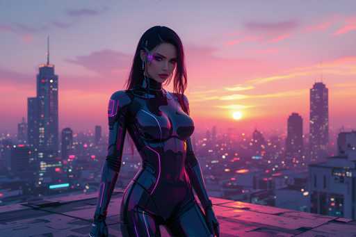 In this detailed, computer-generated image, a woman stands confidently on a rooftop, gazing directly at the camera. She is adorned in a sleek, form-fitting black bodysuit that accentuates her curves, with striking purple accents on the sides and shoulders. Her long, dark hair cascades down, partially covering her face, which is highlighted by dramatic purple makeup around her eyes and lips. A small chip is visible in her ear, adding a futuristic touch to her appearance. The rooftop she stands on is made of metal, and behind her stretches a sprawling cityscape at dusk. The sky is a mesmerizing blend of pink, orange, and purple hues, with the sun setting on the right side of the image. Tall skyscrapers with illuminated windows and a prominent building with a large antenna on the left side frame the scene, creating a vivid contrast against the colorful sky. The overall atmosphere is both serene and dynamic, capturing a moment of quiet strength amidst the urban landscape.