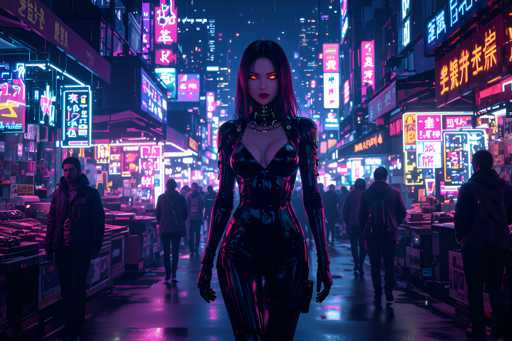 The image depicts a woman dressed in a black leather outfit walking down a busy city street at night. The street is illuminated by neon signs and the glow of shop windows, creating a vibrant and bustling atmosphere. Several people can be seen on the sidewalk, going about their evening activities.
