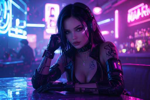 In this highly detailed, computer-generated image, a young woman with long, dark hair and striking blue eyes sits in a futuristic, cyberpunk-themed bar. She is adorned in a sleek, black leather outfit that includes a low-cut top, gloves, and a choker necklace. Her right arm is covered in tattoos, and she wears a black headset, possibly for communication. The bar around her is bathed in vibrant neon lights, with hues of blue and pink illuminating the scene. Behind her, a bartender is visible, adding to the lively atmosphere. The woman appears to be engaged in conversation, her head slightly tilted, and she is seated on a purple bar stool. The overall ambiance suggests a high-tech, futuristic setting, reminiscent of a scene from a video game or a sci-fi movie.