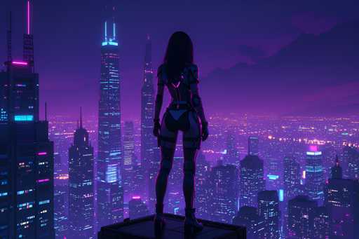 The image depicts a futuristic cityscape at night, dominated by towering skyscrapers that stretch into the distance. The skyline is bathed in a mesmerizing blend of purple and blue hues, with the buildings illuminated by vibrant neon lights. The tallest skyscrapers on the left side of the image are adorned with pink and blue lights, while the shorter buildings in the foreground display a mix of purple and blue illumination. The sky above is a deep purple, dotted with clouds that add to the ethereal atmosphere.

In the foreground, a woman stands on a black platform, her back turned towards the viewer. She has long black hair and is dressed in a form-fitting, futuristic outfit that combines elements of a bodysuit and a bikini bottom. Her attire is accentuated with pink lights, particularly on her shoulders and back. She appears to be equipped for combat, with straps around her thighs holding guns, and she wears black boots. The platform she stands on is part of a larger structure, though only a small portion is visible. The woman gazes out over the sprawling city, her silhouette stark against the glowing backdrop, creating a striking contrast between her dark figure and the luminous urban landscape.