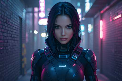 The image depicts a highly detailed, computer-generated scene of a young woman standing in the middle of an alleyway at night. She has long, straight black hair with subtle purple highlights and is wearing a futuristic, form-fitting black leather outfit with a high collar. The outfit features a glowing white logo on her chest and straps over her shoulders, giving it a high-tech appearance. Her expression is serious, with her eyes looking directly at the viewer. The alleyway is flanked by brick buildings on both sides, and neon signs in shades of pink, purple, and blue illuminate the scene, casting a vibrant glow on the surroundings. The overall atmosphere is dark and moody, with the neon lights providing the primary source of color and illumination.