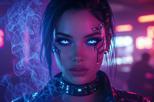 The image depicts a highly detailed, computer-generated portrait of a young woman, likely in her late teens or early twenties, with a distinctly futuristic and robotic aesthetic. She has long, dark hair pulled back into a ponytail, with wisps framing her face. Her eyes are a striking, glowing blue, and she has a nose ring. The woman's face features intricate mechanical elements, including a robotic arm extending from her left cheek to her forehead, and a similar structure on her right cheek. She wears a choker-like necklace adorned with blue and pink lights, and a high-collared leather jacket. The background is a blurred mix of neon lights in shades of pink, blue, and purple, with a smoky haze on the left side, adding to the cyberpunk atmosphere. The overall color palette of the image is dominated by purples, pinks, and blues, enhancing the futuristic and otherworldly feel of the portrait.