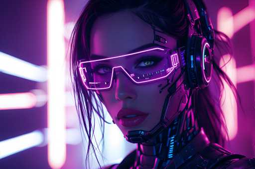 The image shows a close-up portrait of a woman wearing futuristic glasses and a helmet with a camera attached to it. The woman's face is the main focus, with her eyes looking directly at the viewer. The background features neon lights in shades of purple and pink, creating an otherworldly atmosphere that complements the futuristic theme of the image.