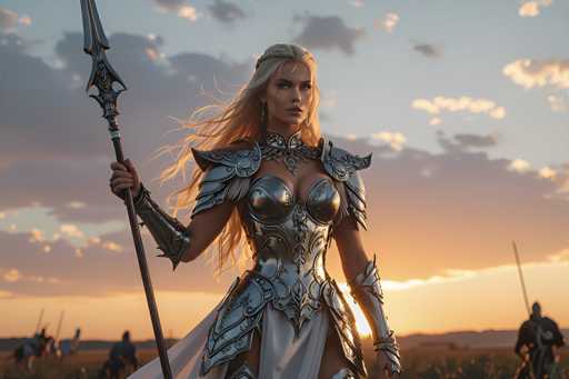 In this captivating image, a fierce female warrior stands prominently in the foreground, her long blonde hair flowing dramatically in the wind. She is adorned in intricate silver armor, complete with a breastplate, shoulder plates, and arm guards. A white cloth drapes elegantly from her waist, adding a touch of grace to her formidable appearance. In her right hand, she wields a long spear, its tip pointing upwards, ready for battle. The background reveals a vast field dotted with other warriors on horseback, their spears held high, all facing the same direction. The sky above is a mesmerizing blend of blue and orange hues, suggesting either a sunrise or sunset, with clouds tinged in gray and orange. The scene is bathed in a warm, golden light, enhancing the dramatic and epic atmosphere of this warrior's world.