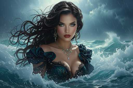 The image depicts a striking, computer-generated scene of a woman emerging from a tumultuous ocean. She is adorned in a dark blue, low-cut dress with puffy sleeves, and her long, wavy black hair cascades around her shoulders. Her face is accentuated with heavy makeup, including dark red lipstick, and she wears a large, ornate necklace with diamonds and a matching earring. The background features a dramatic sky filled with dark, stormy clouds and heavy rain, with sunlight piercing through the center, casting a radiant glow on her. The ocean around her is rough, with waves crashing and splashing against her chest, creating a dynamic and intense atmosphere. The overall color palette is dominated by shades of blue, black, and gray, enhancing the moody and ethereal quality of the scene.