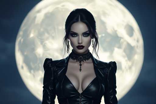 The image portrays a striking, computer-generated woman set against a dark, cloudy night sky dominated by a large, full moon. The woman, who appears to be in her 20s or 30s, has long, dark hair styled in a bun with wisps framing her face. Her complexion is very pale, accentuated by heavy makeup, including dark eyeshadow, mascara, and deep red lipstick. She wears long, dangly earrings and a black choker necklace adorned with jewels that dangle down her chest. Her outfit consists of a tight, black leather corset with puffy sleeves, revealing a significant amount of cleavage. The overall scene is eerie and gothic, with the woman's intense gaze directed straight at the viewer, creating a haunting and captivating effect.
