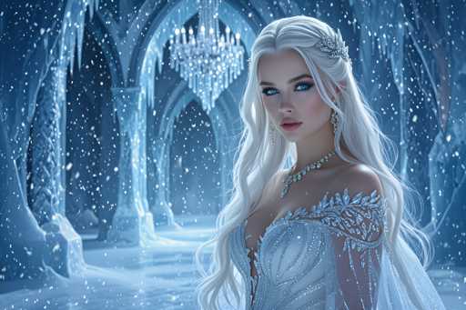 The image depicts a highly detailed, computer-generated scene of a young woman with long, flowing white hair, adorned with a silver leaf-shaped clip on the left side of her head. She has striking blue eyes and is wearing a sparkling white dress with intricate leaf-like patterns on the shoulders and arms. Around her neck is a matching silver necklace, and she has silver earrings. The woman is positioned on the right side of the image, facing slightly to the left, with her head turned towards the viewer. The background features a grand, ice-like castle with numerous arches and columns, all crafted from ice. A large, crystal chandelier hangs prominently from the ceiling, adding to the ethereal atmosphere. Snowflakes are gently falling throughout the scene, enhancing the magical, wintry ambiance.