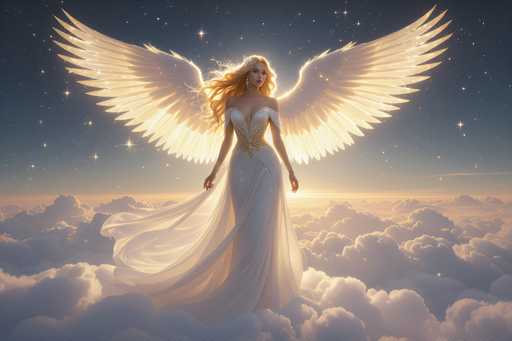 The image depicts a stunning, ethereal angel standing majestically atop a bed of fluffy clouds. The angel, with her long, flowing blonde hair cascading down to her waist, is adorned in a flowing white gown that features a deep V-neckline and a sheer, lacy skirt. Her large, majestic white wings extend gracefully from her back, illuminated by a radiant light that gives them a glowing appearance. The angel's arms are positioned at her sides, with her palms facing downward, and she wears delicate bracelets on her wrists. She gazes directly at the viewer with a serene expression. The background is a mesmerizing night sky, filled with twinkling stars and a gradient of dark blue to light blue hues, creating a dreamlike atmosphere. The overall scene is both enchanting and serene, capturing the essence of celestial beauty.