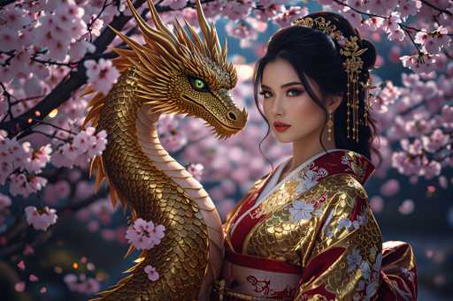 This image features a highly detailed, computer-generated depiction of a young Asian woman standing next to a golden dragon. The woman, who appears to be in her 20s, has long black hair styled in a bun adorned with a gold and pink floral hairpiece. She wears a striking red kimono with intricate gold and white floral patterns, and a red sash around her waist. Her makeup includes red lipstick and green eyeshadow, complementing her green eyes. The dragon, positioned to her left, is a majestic creature with a long neck, green eyes, and a golden body. It has spikes running from its head down its back and along its sides. The dragon's head is turned towards the woman, while its body extends out of the frame. Surrounding them are branches of cherry blossom trees, with pink flowers in full bloom, adding a serene and picturesque backdrop to the scene.