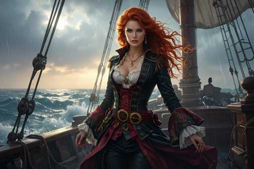 The image depicts a striking woman with long, flowing red hair, dressed in an elaborate pirate outfit. She stands on a wooden pirate ship, surrounded by the tumultuous sea and a stormy sky, with rain pouring down and waves crashing against the vessel. Her attire includes a black jacket with gold trim, a red corset laced up to her chest, and a large brown belt adorned with gold buckles. She wears black pants and a white shirt underneath her jacket, with ruffled sleeves adding to her dramatic appearance. A gold necklace with a pendant graces her neck, and she sports earrings. The woman's expression is serious, and she gazes directly at the camera. The scene is set at sea, with the ship's mast and rigging visible in the background, enhancing the adventurous and perilous atmosphere.