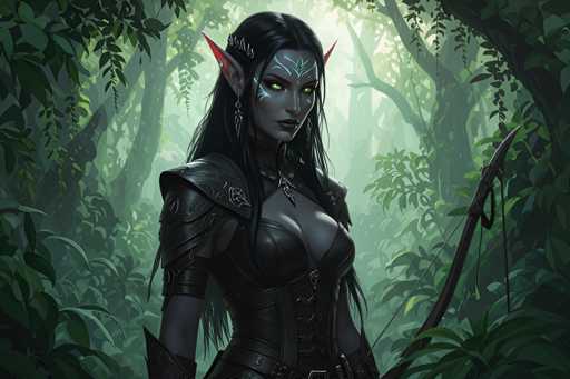 The image portrays a highly detailed, computer-generated fantasy character of a female elf warrior set in a lush, green forest. The elf has long, flowing black hair and strikingly glowing green eyes, with intricate blue markings adorning her forehead and cheeks. She is clad in a form-fitting black leather outfit, complete with a corset and shoulder armor, exuding both elegance and strength. Her pointed ears are a vivid red, adding to her otherworldly appearance. The elf is armed with a bow, which is partially visible on the right side of the image, and she gazes directly at the viewer with a serious expression. The background features a dense forest with tall trees and abundant foliage, illuminated by sunlight that filters through the canopy, casting a serene yet mystical ambiance around her.