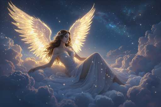 The image depicts a stunning, computer-generated scene of a woman who appears to be an angel, resting on a bed of fluffy, white clouds. She is adorned in a flowing, white dress that sparkles with star-like glitter, and her long, curly brown hair cascades down her back. Her large, golden wings, which are spread out behind her, also shimmer with starlight. The angel's eyes are closed, and she has a serene expression on her face. She is leaning back on her right arm, with her left arm resting on her knee, and her legs are crossed. The background features a dark blue night sky filled with twinkling stars and a galaxy-like formation, adding to the ethereal and magical atmosphere of the scene.