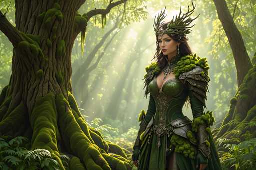 The image depicts a highly detailed, computer-generated scene of a woman standing in a lush, green forest. She is positioned on the right side of the image, facing slightly to the left, with her gaze directed towards the viewer. The woman is adorned in an elaborate green outfit that resembles a corset, complemented by silver armor on her shoulders and forearms. Her attire is intricately designed with green fur accents on her shoulders and wrists, and she wears a striking headdress that appears to be made of green leaves or grass, with a silver crown-like structure featuring a prominent blue jewel at the center.

The forest setting is vibrant and teeming with life. To the left of the woman stands a large tree with a thick trunk and branches, its bark covered in green moss. The ground is blanketed with green leaves and plants, and the background reveals more trees, their trunks and branches also adorned with moss. Sunlight filters through the canopy, casting a warm glow on the scene and highlighting the woman's face and attire. The overall atmosphere is one of natural beauty and mystique, with the woman appearing as a harmonious blend of human and nature.