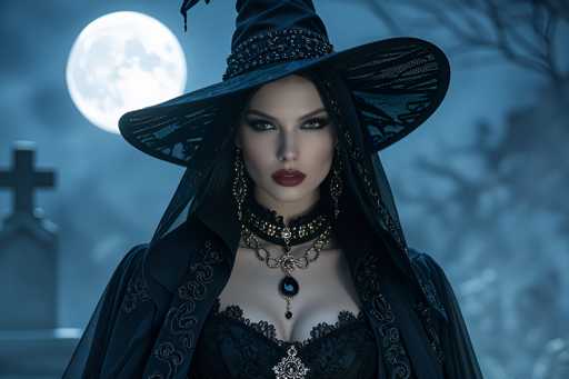 In this detailed, computer-generated image, a young woman stands at the center of a spooky graveyard scene. She is dressed in a striking black witch's costume, complete with a wide-brimmed witch's hat adorned with jewels and lace. Her outfit features a black corset with lace trim, a black choker necklace with a prominent blue pendant, and long, dangling earrings. Her pale skin contrasts with her dark makeup, including black eyeliner and red lipstick. The background is a dark, foggy night with a full moon casting an eerie glow. To her left, a gravestone with a cross is visible, and to her right, the silhouette of a tree stands against the night sky. The overall atmosphere is haunting and mysterious, perfectly capturing the essence of Halloween.