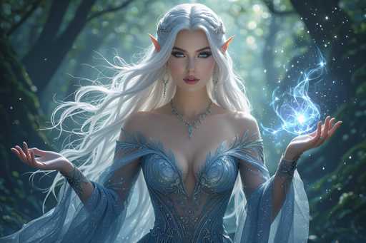The image depicts a highly detailed, computer-generated fantasy character of a female elf with long, flowing white hair that cascades down her back. She has striking blue eyes and pointed ears, enhancing her elven appearance. The elf is adorned in an elaborate blue dress that features intricate feather-like designs on the shoulders and a sheer, flowing cape that extends from her elbows. Her attire is complemented by a matching blue necklace and bracelet, adding to her ethereal look. The elf's hands are outstretched, palms facing upwards, with a mesmerizing blue flame or magical energy emanating from them. The background is a blurred forest scene, with sunlight filtering through the trees, creating a mystical and enchanting atmosphere. The image is devoid of any text, allowing the viewer to fully immerse in the magical world portrayed.