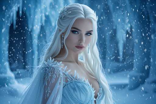 A woman with long blonde hair is standing in a snowy forest. She is wearing a blue dress and has her hair styled in an elegant updo. The background features snow-covered trees and a cave-like structure made of ice.