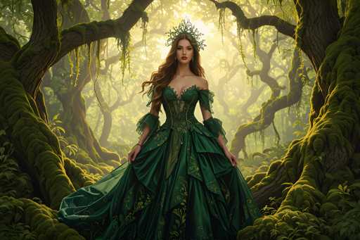 The image portrays a young woman with long, wavy brown hair cascading down to her chest, adorned with a delicate green leaf crown. She is dressed in an elegant, off-the-shoulder green gown embellished with intricate gold floral patterns. The dress features a corset-like bodice and a voluminous skirt that flows gracefully around her. She stands in the center of a dense, mystical forest, surrounded by trees draped in lush green moss and hanging vines. The forest is illuminated by a soft, yellow light filtering through the canopy, casting a magical glow on the scene. The woman holds the sides of her dress, gazing directly at the viewer with a serene expression, embodying the enchanting atmosphere of this enchanted woodland setting.
