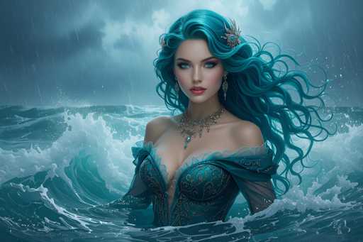 The image depicts a highly detailed, computer-generated scene of a woman emerging from the ocean during a storm. The woman, who has long, wavy blue hair adorned with an ornate silver and blue brooch, is wearing a low-cut, blue dress with intricate gold designs. Her striking blue eyes and red lips stand out against her fair complexion. She accessorizes with dangling earrings and a matching necklace. The background features a tumultuous sea with crashing waves and a dark, stormy sky filled with rain, creating a dramatic and ethereal atmosphere. The overall color palette is dominated by shades of blue, enhancing the mystical and otherworldly feel of the scene.