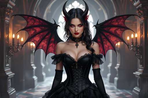 The image depicts a striking, computer-generated woman with devilish features, standing in the center of a grand, cathedral-like hallway. She has long, dark hair cascading over her left shoulder and piercing red eyes that glow ominously. Her lips are painted a deep red, and she wears a black choker adorned with a pendant. On her head, she sports two prominent black horns, with red accents on either side.

Her attire is a revealing black corset with lace details, complemented by long black gloves that extend up to her biceps. She also has large, intricate black and red wings spread out on either side of her, adding to her menacing appearance.

The background features a large, arched window with a white cross at its center, framed by the cathedral's ornate architecture. The walls are lined with sconces holding candles, casting a warm glow throughout the space. The floor is tiled in a pattern of black, red, and white, enhancing the dramatic and eerie atmosphere of the scene.
