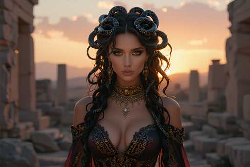 The image depicts a highly detailed, computer-generated or AI-generated scene of a woman standing in front of ancient ruins, possibly reminiscent of Greek architecture. The background features a sky with a gradient of light blue at the top, transitioning to orange and yellow hues near the horizon, suggesting either a sunrise or sunset. The ruins are composed of large stone blocks and pillars, with some steps visible, creating a sense of depth and historical context.

The woman in the foreground is adorned in an elaborate, ancient-style outfit. She wears a black and gold dress with intricate designs, including a bustier top that reveals her cleavage. Her attire is complemented by a thick, ornate choker necklace with a pendant hanging in the center of her chest. She also has long, dangling earrings that add to her regal appearance.

Her hair is styled in a unique and striking manner, resembling Medusa's serpents. It is black, wavy, and curly, with sections wrapped around her head like snake-like curls, extending down to her shoulders. Her eyes are a captivating golden-brown color, and she has pink lips. The overall composition of the image blends elements of classical mythology with a modern, digital art aesthetic, creating a visually stunning and enigmatic scene.