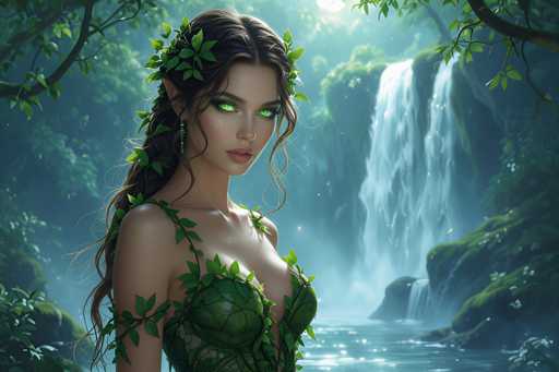 The image depicts a highly detailed, computer-generated fantasy scene featuring a young woman who appears to be a nature elf. She stands in the foreground, facing slightly to the right, with her long brown hair adorned with green leaves and vines. Her eyes are a striking neon green, and she has pointed ears, further emphasizing her elven nature. She wears a green, leafy top that complements her natural appearance. The background is a lush, green forest with a prominent waterfall cascading down a rocky cliff to her right. The scene is illuminated by sunlight filtering through the trees, casting a serene glow over the landscape. The overall color palette is dominated by various shades of green, enhancing the magical and ethereal atmosphere of the image.