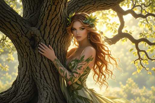The image depicts a young woman with long, wavy, reddish-blonde hair adorned with green leaves and flowers. She is wearing a green dress made of leaves and has a leafy arm accessory. Her eyes are a striking green, and she has a gold necklace with a pendant. The woman is leaning against a large, ancient tree with a thick trunk and sprawling branches, some of which are draped with leaves. The background is a blurred mix of green foliage and yellow light, creating a mystical atmosphere. The overall scene evokes a fairy-like or nature-inspired theme, reminiscent of characters from stories like "The Lord of the Rings" or "The Hobbit."