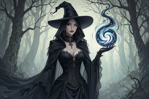 The image depicts a striking, computer-generated witch standing in the center of a dark, eerie forest. She is adorned in a long, flowing black dress with intricate lace details and a corset-like bodice that accentuates her chest. Her attire includes a black cloak with a hood and a pointed witch's hat, both adding to her mystical appearance. The witch's pale skin contrasts sharply with her vivid red lips and piercing yellow eyes, which are fixed directly at the viewer. Her long black hair cascades down her back, and she wears black gloves on her hands. In her left hand, she holds a glowing blue orb that emits a swirling, smoky light, adding an element of enchantment to the scene. The background features a dense array of leafless trees, shrouded in fog, enhancing the overall spooky and mysterious atmosphere.