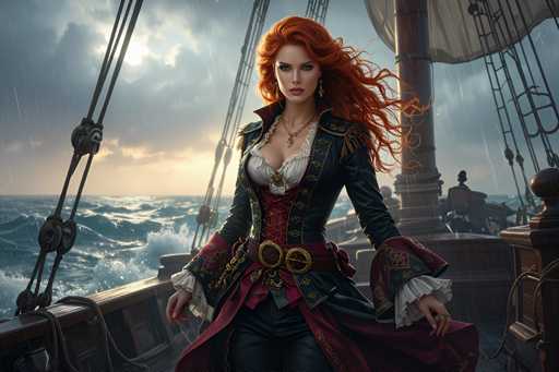 A woman with red hair and a pirate outfit stands on a ship deck during sunset.