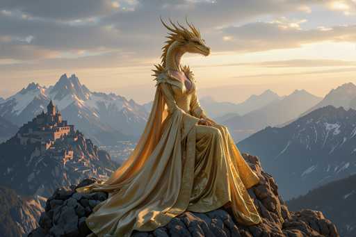 The image depicts a majestic dragon seated on a rocky outcrop, gazing to the right. The dragon's head is adorned with prominent horns, and its neck features a series of spiky protrusions. Its chest is covered with scales, and it wears an elaborate dress that extends down to its feet. The dress is a rich golden color, embellished with intricate patterns along the hem and sleeves. A flowing cape drapes elegantly from the back of the dragon, adding to its regal appearance. The dragon's posture is dignified, with its hands resting on its knees, exuding an aura of power and grace.