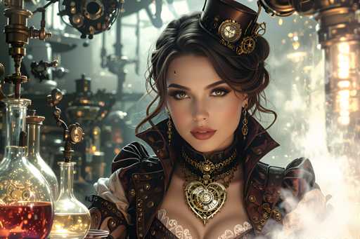 The image portrays a young woman, likely in her 20s, with dark brown hair styled in an updo with loose curls framing her face. She wears a distinctive steampunk-inspired outfit, featuring a high-collared dress adorned with gold buttons and a prominent gold heart pendant. Her attire includes a black leather choker with a gold centerpiece, and she accessorizes with long, dangling gold earrings. Atop her head, she sports a small black top hat embellished with gears and a compass.

The background is a blurred, dreamlike scene filled with various scientific instruments, including beakers and flasks containing different colored liquids—red, yellow, and clear. There are also mechanical elements like gears and pipes, adding to the steampunk aesthetic. The overall atmosphere is hazy, with a smoky or foggy effect, enhancing the surreal quality of the image. The woman gazes directly at the viewer, her expression neutral, creating a captivating and mysterious presence.
