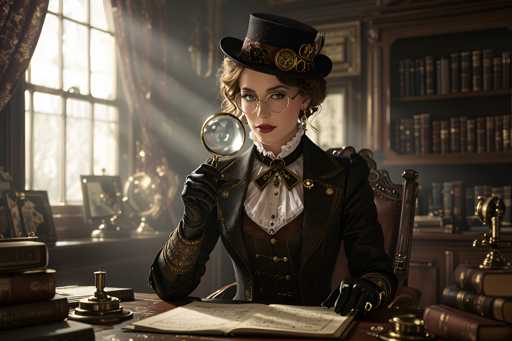 The image depicts a highly detailed, computer-generated illustration of a Victorian-era woman, possibly a detective or scholar, seated at a desk in a study. She is adorned in a black top hat embellished with gears and a leather strap, and her hair is styled in a bun. Her round, wire-rimmed glasses complement her red lipstick and the earrings dangling from her ears. She wears a black jacket with gold trim over a white shirt, a brown vest, and a black bow tie. Black gloves cover her hands as she holds a magnifying glass up to her face, examining an open book on the desk. The desk is cluttered with various items, including a stack of books, a brass inkwell, and a gold statue. Behind her, a large window with red curtains allows sunlight to stream into the room, illuminating the scene. To her right, a bookshelf filled with books stands against the wall, and a globe is visible on a desk to her left. The overall ambiance suggests a blend of Victorian elegance and modern digital artistry.