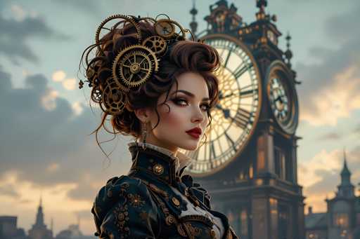 The image depicts a highly detailed, computer-generated scene of a Victorian-era woman standing in front of a large clock tower, reminiscent of Big Ben. The woman, who has fair skin and brown hair styled in an elaborate updo adorned with intricate gold gears, is dressed in a dark blue Victorian gown with a high collar and puffy sleeves. Her makeup is meticulously applied, featuring red lipstick and dark eyeshadow, and she wears dangling earrings. The clock tower behind her is a tall, ornate structure with two large circular clocks displaying Roman numerals, and the sky above is a mix of blue and gray clouds, suggesting either dawn or dusk. The overall aesthetic blends elements of steampunk and Victorian fashion, creating a visually striking and immersive scene.