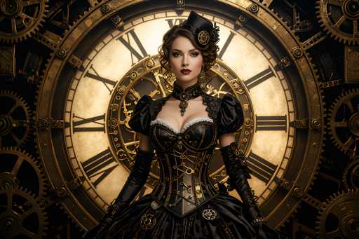 The image depicts a highly detailed, computer-generated portrayal of a woman dressed in an elaborate Victorian-inspired outfit. She stands in front of a large, ornate clock with Roman numerals, which is surrounded by intricate gears and cogs, all rendered in a striking gold color. The woman is adorned in a black dress with puffy sleeves and a corset-like bodice, which features a white frill at the top. Her ensemble includes long black gloves extending to her elbows, a choker with a pendant, and a small black hat perched atop her curly brown hair. She wears red lipstick and has a serious expression, with her arms resting at her sides. The overall scene is rich in detail, with the golden hues of the clock and gears contrasting against the dark tones of her attire, creating a visually captivating image.
