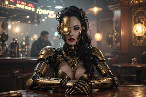 The image depicts a striking scene in a bar, featuring a woman who appears to be a cyborg. She has long, dark hair cascading over her left shoulder, while the right side of her head is adorned with intricate gold and black mechanical components, including a glowing yellow light where her eye would be. Her face is partially human, with the left side appearing normal and the right side distinctly robotic. She wears a revealing gold top that exposes her cleavage, and her arms are also mechanical, with visible gears and joints. The bar setting is dimly lit, with lanterns hanging from the ceiling and a blurred man standing behind the bar. The background includes a mix of brown hues and some neon lights, adding to the moody atmosphere. The cyborg woman is seated at a wooden table, her hands resting on the surface, and she gazes directly at the camera with a serious expression.