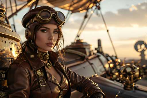 The image depicts a highly detailed, computer-generated scene of a woman seated in the cockpit of a steampunk-style airship. The woman, who has fair skin and striking green eyes, is adorned in a brown leather aviator outfit complete with a matching hat and goggles perched on her forehead. She also wears a choker necklace with a prominent gold buckle. Her long brown hair cascades down, framing her face as she gazes directly at the viewer. The airship itself is a marvel of intricate design, featuring a large propeller at the front and a prominent golden wheel. The cockpit is filled with various metallic components, including a large golden box on the left side and a complex array of wires and gears. The background reveals a sky with clouds, suggesting that the airship is either in flight or preparing for takeoff. The overall aesthetic blends elements of vintage aviation with a fantastical, steampunk twist.