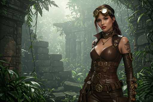 The image depicts a highly detailed, computer-generated scene of a young woman standing in the ruins of an ancient temple, surrounded by lush jungle vegetation. The temple, constructed from brown stone, features partially collapsed walls and a crumbling staircase, with vines and leaves draping over the structures. The woman, who appears to be in her 20s, has long brown hair and is adorned with steampunk-style goggles perched on her forehead. She wears a form-fitting, brown leather outfit that includes a corset-like top, long gloves, and a belt with multiple buckles. Her attire is accentuated by various metal accessories, including a chain necklace with a pendant and a leather strap around her neck. She also has a tattoo on her left shoulder and a mechanical device on her right arm. The woman stands confidently, looking directly at the camera, embodying a blend of adventure and mystery in this evocative jungle setting.