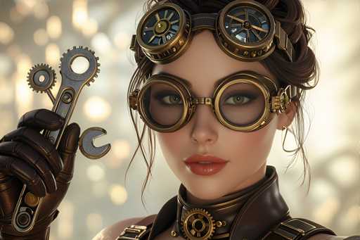 A woman with long brown hair is wearing a steampunk-inspired outfit that includes a leather jacket and goggles. She holds a pair of gears in her left hand and a wrench in her right hand. The background features a blurred cityscape with lights and buildings.