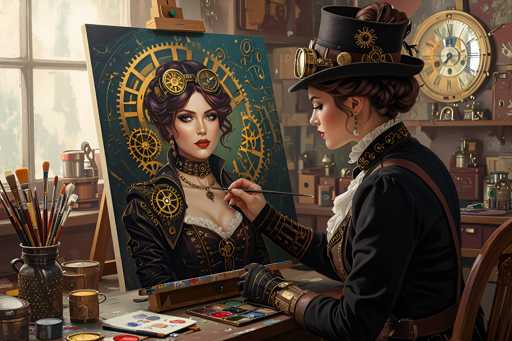 In this detailed digital illustration, a woman is depicted painting a portrait of herself in a steampunk-themed setting. She is seated at a wooden desk, surrounded by an array of art supplies, including paintbrushes, jars of paint, and a palette. The woman is wearing a distinctive black top hat adorned with gears and a monocle, complementing her dark brown hair styled in a bun. Her attire features a black dress with intricate gold accents, including gears and a lace collar, and she wears fingerless gloves. The portrait she is painting shows her in a similar outfit, complete with a choker necklace and a brooch on her chest. The background reveals a room filled with shelves holding various art supplies, a window, and a large clock on the wall. The overall scene is rich in detail, capturing the essence of a steampunk artist at work.