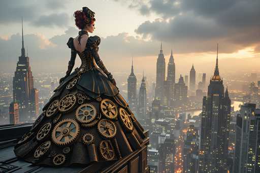 In this detailed and evocative image, a woman stands on the edge of a rooftop, gazing out over a sprawling cityscape at dusk. She is adorned in a striking black dress with a corseted bodice and voluminous, ruffled sleeves. The back of her dress is intricately designed with exposed shoulders and a deep V-neck, revealing her skin. Her skirt flares out dramatically, adorned with an array of large, interlocking gears in shades of gold and bronze, giving it a steampunk aesthetic. Her hair is styled in a bun, with a hint of red visible, and she wears a black hat with a gold emblem. The city below is a tapestry of illuminated buildings, their lights twinkling against the darkening sky. The sun is setting, casting a warm glow over the scene, while dark clouds loom overhead, adding a dramatic contrast. The overall atmosphere is one of quiet contemplation and futuristic elegance, with the woman's dress and the cityscape blending seamlessly into the twilight.