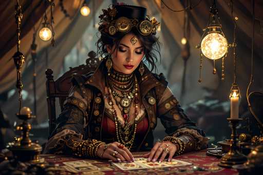 In this detailed, computer-generated image, a woman is seated at a table adorned with a red tablecloth, engrossed in examining three cards laid out before her. She is dressed in a striking steampunk-inspired outfit, featuring a red corset and a brown jacket with intricate gold designs. Her attire is complemented by numerous gold bracelets on both wrists, a ring on her right hand, and a red ring on her left hand. She wears a black top hat adorned with gears and flowers, and her hair is styled in a messy bun with loose strands framing her face. Her makeup includes red lipstick, and she wears a golden ornament on her forehead. The table is cluttered with various items, including a candle on the right side and several other objects on the left. The background is blurred, revealing a tent-like structure with hanging lights, adding to the mysterious ambiance of the scene.