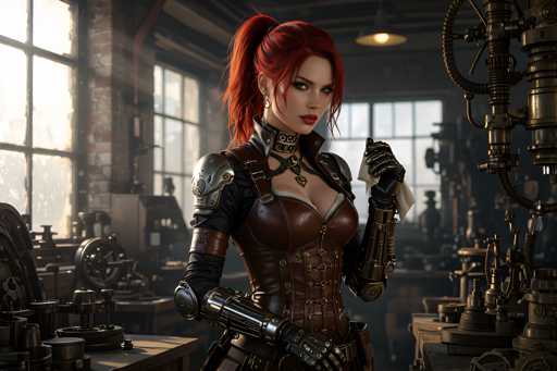 The image depicts a highly detailed, computer-generated scene of a steampunk-style workshop bathed in natural light from large windows on the left side. The room is filled with intricate machinery, gears, and tools, all rendered in a dark, metallic bronze color. At the center of the image stands a striking woman with vibrant red hair pulled back into a ponytail, adorned with a black headband. She has pale skin and wears bold red lipstick, her expression serious as she gazes slightly to the right. Her attire is a form-fitting, brown leather corset with gold buckles, complemented by black leather sleeves and gloves. She also sports a black choker with metal accents and a necklace featuring a gold pendant. Her right arm is a mechanical prosthetic, while her left hand holds a white cloth. The overall aesthetic of the image is dark and moody, emphasizing the contrast between the woman's vivid appearance and the industrial, metallic surroundings.